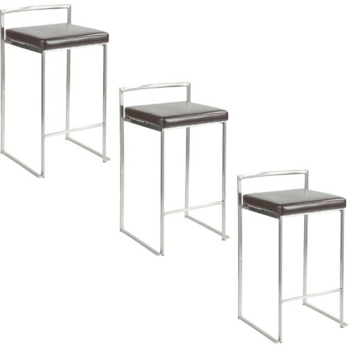 Fuji 26" Stackable Counter Stool in Brushed Stainless Steel & Brown Leatherette (Set of 3)